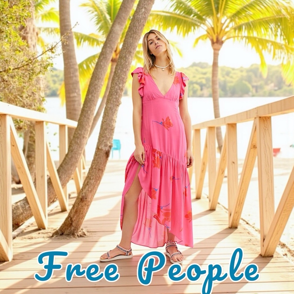 Free People She's A Waterfall Hot Pink Floral Print Ruffled Maxi Dress size 2